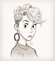 a black and white drawing of a woman with curly hair, wearing large hoop earrings