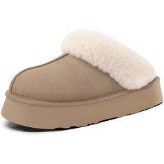 PRICES MAY VARY. WARM & COMFY: All-around fuzzy faux fur lining and breathable microsuede upper keep away from coldness and prevent sweat or odors. An extended plush wool-like fur collar wraps your feet in warmth, making these slippers luxurious and stylish. OUTDOOR & INDOOR: Latest Gen EVA foaming technology creates better flexibility, lightweight and anti-slip platform outsole, without any damage to the wood floor or noise to people, preventing indoor and outdoor slipping. COZY FOOTBED: Premiu Faux Fur Slippers With Round Toe For Winter, Faux Fur Round Toe Slippers For Winter, Faux Fur Round Toe Winter Slippers, Winter Faux Fur Lined Slippers, Fluffy Beige Slippers For Winter, Winter Slip-on Slippers With Faux Fur Trim, Fluffy Beige Winter Slippers, Winter Slippers With Plush Lining, Brown Winter Slippers With Plush Lining