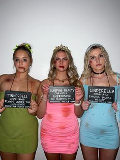 three women in dresses holding signs that read cinderella, sleeping beauty and twinkiel