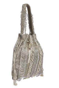 Shop for Lovetobag Ruche Embellished Potli Bag Online at Aza Fashions Elegant Potli Bag With Tassels For Reception, Luxury Formal Bag With Beaded Fringe, Luxury Bags With Beaded Fringe, Silver Pouch Bucket Bag For Evening, Silver Bucket Bag For Evening, Elegant Tassel Pouch Shoulder Bag, Elegant Fringe Bags For Wedding, Elegant Fringed Bags For Wedding, Elegant Wedding Bags With Fringe