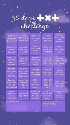 the 30 days challenge is shown with purple clouds and stars in the sky above it