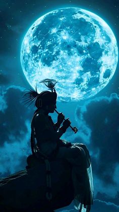 a person sitting on top of a horse under a full moon