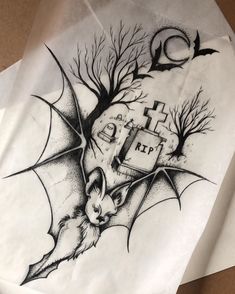 a drawing of a bat with trees and tombstones on it's back side