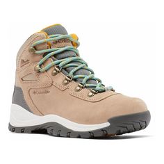 a women's hiking boot with blue and yellow laces on the outstep