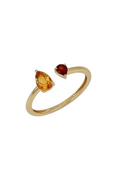 A warm citrine is perfectly paired with a fiery garnet to punctuate this handcrafted ring with blazing shine. 1/8"W x 1/8"L garnet setting; 1/8"W x 1/4"L citrine setting Total stone weight: 0.60ct. 14k gold/citrine/garnet Imported 14k Yellow Gold Topaz Ring With Gemstone Accents, 14k Yellow Gold Ruby Ring With Gemstone Accents, Yellow Gold Garnet Rings With Gemstone Accents, Multi-stone Garnet Ring In Yellow Gold, Yellow Gold Garnet Multi-stone Ring, Yellow Gold Citrine Birthstone Ring, Bony Levy, Dream Engagement, Dream Engagement Rings