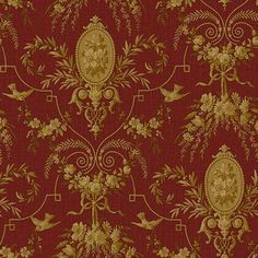 a red and gold wallpaper with floral designs