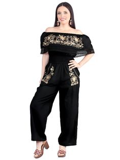 Palazzo Jumpsuit Artesanal Bordado de Flores para Mujer Jumpsuits Artesanales Mexico Artesanal Black Kids Blazers, Rodeo Boots, Father Son Shirts, Palazzo Jumpsuit, Jumpsuit Style, Embroidery Materials, Jumpsuit Fashion, Flower Embroidery, Western Shirts