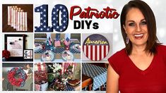 a woman standing in front of an american flag banner with pictures of patriotic items on it