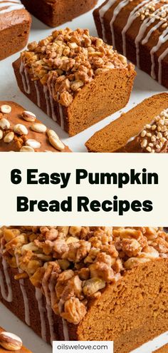 pumpkin bread with white icing and nuts on top, surrounded by other baked goods