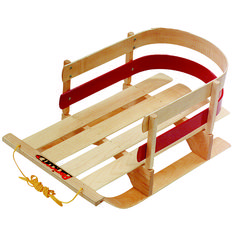 a wooden toy sled with red straps