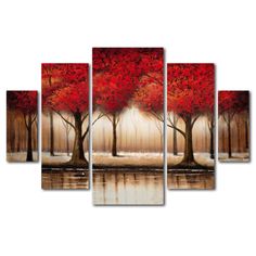 a painting of trees with red leaves on them