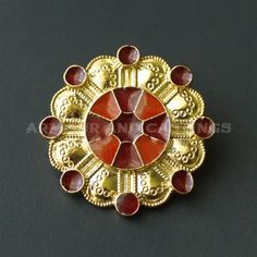 ArmourAndCastings - Lombardic disc brooch DA28 Gold Round Enamel Brooch Pin, Traditional Gold Round Brooches, Gold Round Enamel Pin Brooch, Gold Round Enamel Pin, Medieval Accessories, Medieval Belt, Medieval Rings, High Middle Ages, Late Middle Ages