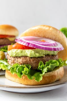 a burger with lettuce, tomato and onion on a plate next to a pickle