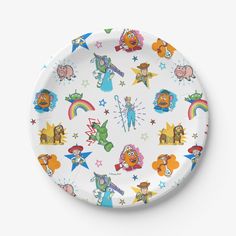 a paper plate with cartoon characters and rainbows on it's surface, against a white background