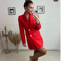 Zara Fitted Blazer With Lapel Collar And Long Sleeves With Shoulder Pads . Front Double Breasted Closure With Gold Buttons . Color: Red Chic Red V-neck Outerwear, Fitted Long Sleeve Red Blazer Dress, Red Fitted Long Sleeve Blazer Dress, Fitted Red Long Sleeve Blazer Dress, Red Fitted V-neck Outerwear, Red Blazer Dress For Formal Fall Occasions, Red Blazer Dress For Formal Fall Events, Chic Red Blazer With Buttons, Fitted Red V-neck Outerwear