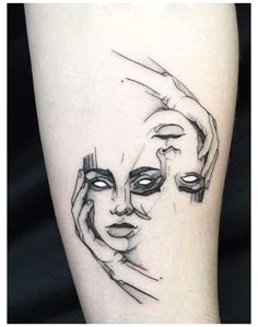 a woman's face with her hands on the side of her leg