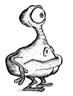 an ink drawing of a cartoon character with eyes and nose, standing on one leg