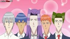 an anime group with different colored hair looks at the camera in front of a pink background