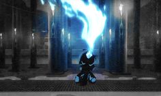 a man in black and white holding a blue flame