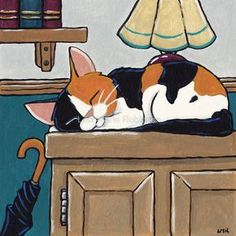 a painting of a cat sleeping on top of a cabinet