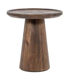 a wooden table with a round top and legs on the bottom, in front of a white background