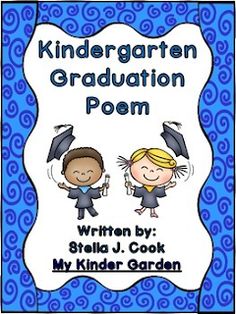 a blue and white book cover with two children in graduation caps