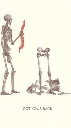 a skeleton holding a red object in its hand and another skeleton standing next to it