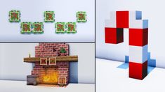 four different images of the same object in each picture, including a fire place and fireplace