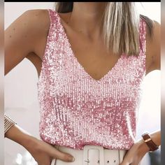 Elegant Sleeveless Tank Top Encrusted With Sequins Pink Sequin Top, Sparkly Party, V Neck Tank Top, Pink Sequin, Sequin Top, Cami Tanks, Sleeveless Tank Top, Sleeveless Tank, V Neck Tops