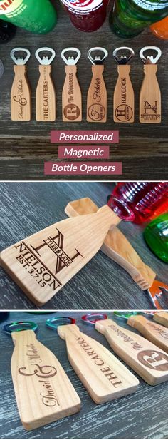 wooden bottle openers with personalized engraved labels on them are the perfect way to display your favorite bottles