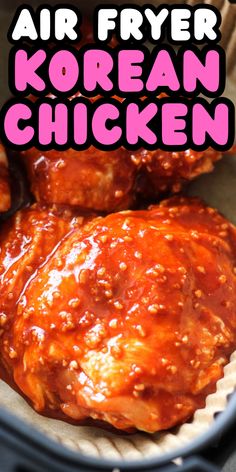 air fryer korean chicken in a basket with text overlay