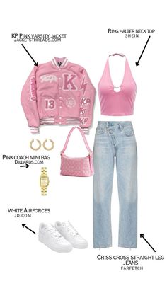 a pink shirt and jeans outfit with white shoes, handbag, necklaces and purse