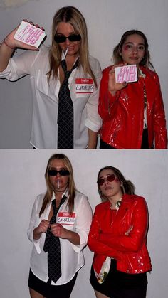 two women dressed in red and black posing for pictures with one holding up a pink box