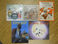 four children's books about stone soup on a table