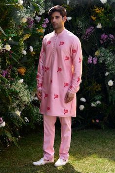 Prism pink cotton silk kurta with floral hand block print. Comes with trouser. - Aza Fashions Spring Cotton Silk Sherwani With Resham Embroidery, Designer Pink Kurta For Spring, Designer Spring Pink Kurta, Pink Bollywood Sherwani With Floral Embroidery, Spring Designer Pink Kurta, Spring Wedding Cotton Sherwani, Pink Cotton Silk Kurta For Navratri, Traditional Pink Cotton Silk Kurta, Pink Sherwani For Spring Festivals