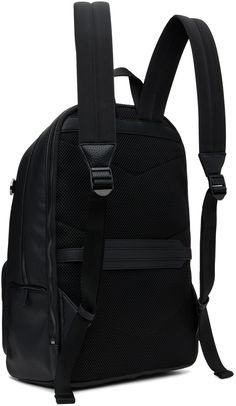 Grained faux-leather backpack in black. · Carry handle · Adjustable padded shoulder straps · Logo hardware and D-rings at face · Zip pocket · Luggage strap at padded back face · Zip compartment · Two-way zip closure · Two compartment interior · Laptop compartment at interior · Logo-woven satin lining · Logo-engraved gunmetal-tone hardware · H17 x W11 x D9 Supplier color: Black Leather Business Backpack With Detachable Strap, Business Leather Backpack With Detachable Strap, Leather Backpack With Detachable Strap For Business, Classic Black Backpack With Detachable Strap, Business Backpack With Detachable Strap, Black Leather Backpack With Gunmetal Hardware, Black Backpack With Gunmetal Hardware For Travel, Black Leather Backpack With Gunmetal Hardware For Daily Use, Black Travel Backpack With Gunmetal Hardware