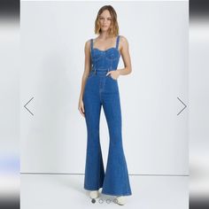 7 For All Mankind Jumpsuit! Perfect By Itself But Also Great With Layering! Super Flare Leg ! Fitted Straight Leg Summer Overalls, Summer Fitted Straight Leg Overalls, Summer Denim Jumpsuit Fitted Mid-rise, Fitted Wide-leg Denim Blue Overalls, Trendy Fitted Straight Leg Overalls, Blue Fitted Mid-rise Denim Jumpsuit, Denim Jumpsuit, For All Mankind, 7 For All Mankind