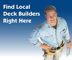 a man holding a wrench in his right hand with the words find local deck builder's right here