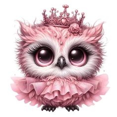 an owl with a tiara on its head is wearing a pink ruffled dress