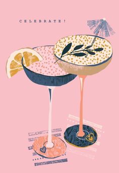 an illustration of two cocktails with orange slices on the rim