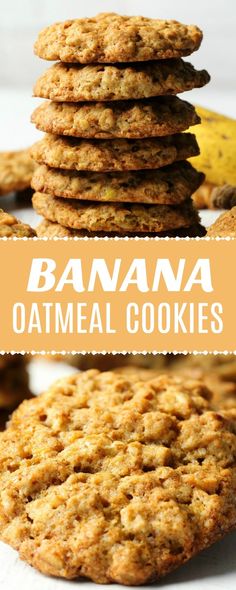 banana oatmeal cookies stacked on top of each other with bananas in the background