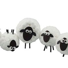 four black and white sheep standing next to each other in front of a white background