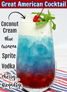 an american cocktail with coconut cream and blue curaca sprite vodka