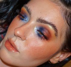 Fun Glam Makeup, Orange Rave Makeup, Blue And Orange Makeup Look, Maximalist Eye Makeup, Hozier Concert Makeup, Painterly Makeup, Color Pop Eyeshadow Looks, Blue Blood Palette Looks, Lollapalooza Makeup