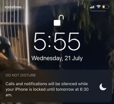 the text reads, 5 555 wednesday, 21 july calls and notifications will be altered while your phone is locked until tomorrow at 3 30 am