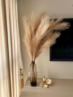 a vase filled with dry grass sitting on top of a table