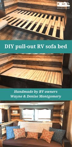 a couch made out of wooden pallets and some pillows on top of it with the words diy pull - out rv sofa bed handmade by rv owner wayne & denise montgomery