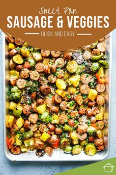 sheet pan sausage and vegetables with text overlay