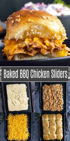 baked bbq chicken sliders with cheese and other toppings in black trays