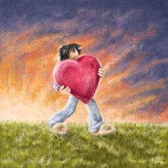 a drawing of a man holding a heart in his hands while walking across a field